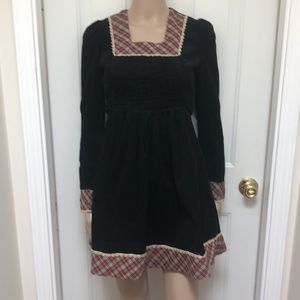 Rare VTG 1970’s Jody T Black Corduroy Mini Dress Prairie Hippie Boho Plaid Trim